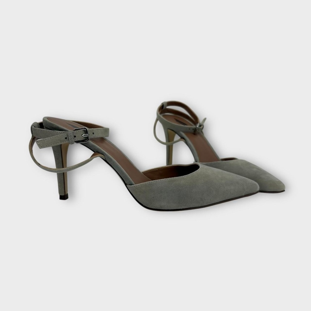 Ava & Aiden Suede Ankle Strap Heels in Grey Women's Size 8.5